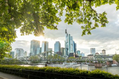 The Frankfurt skyline seen from the riverbank.