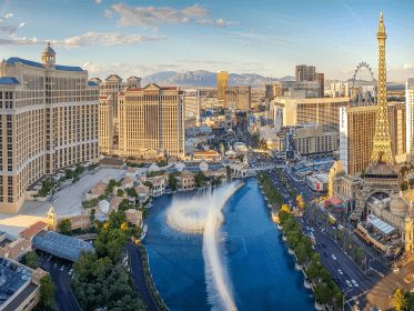 The Las Vegas Strip seen from above at golden hour.